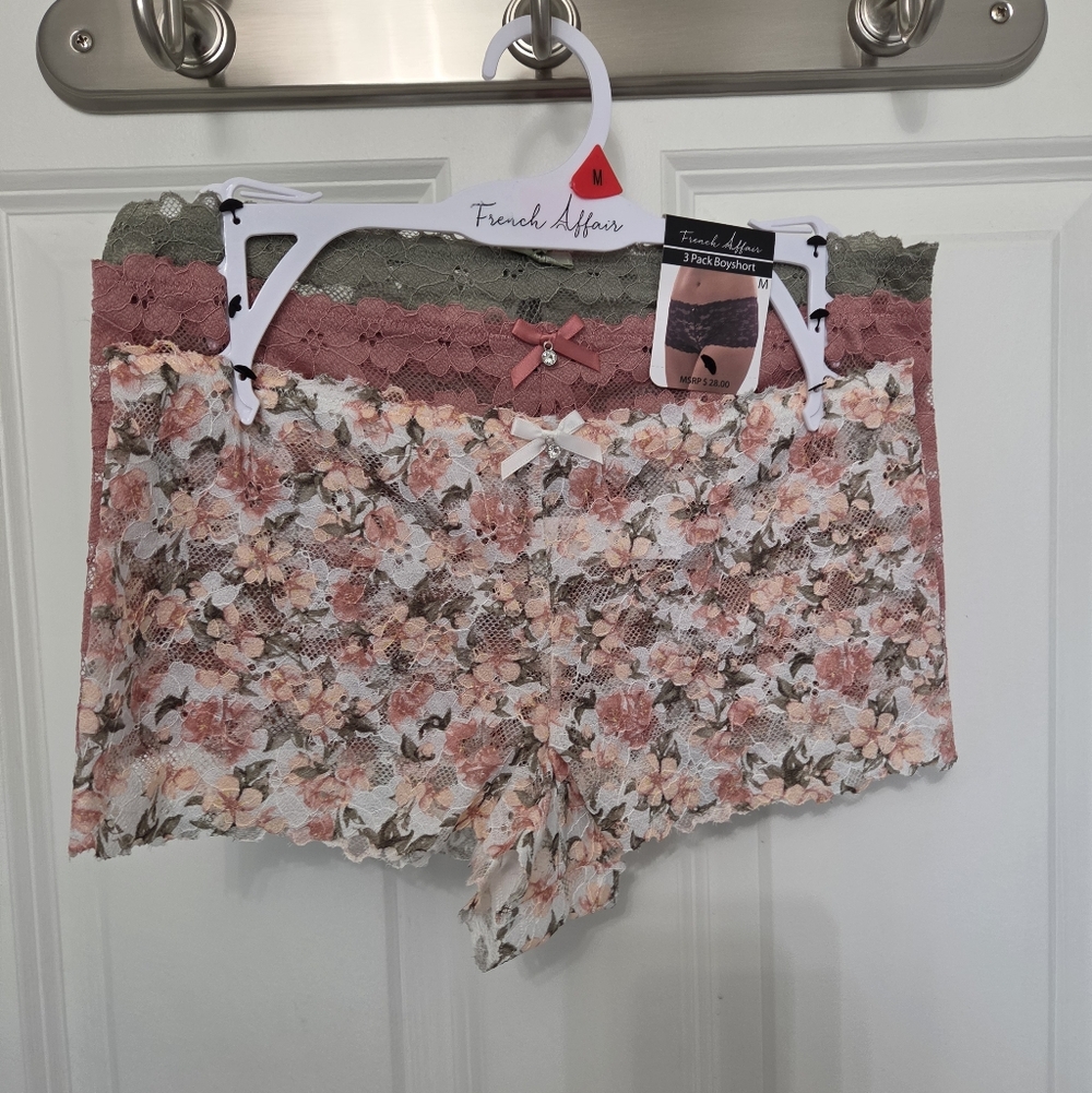 French Affair Women's Floral Lace Boyshorts - Pink & Olive (3-Pack) Size M
